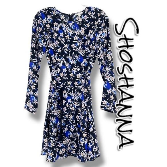 Shoshanna 100% Silk Floral Black Blue Dress Long Sleeves Tie Waist Womens Sz 2 - Picture 1 of 11